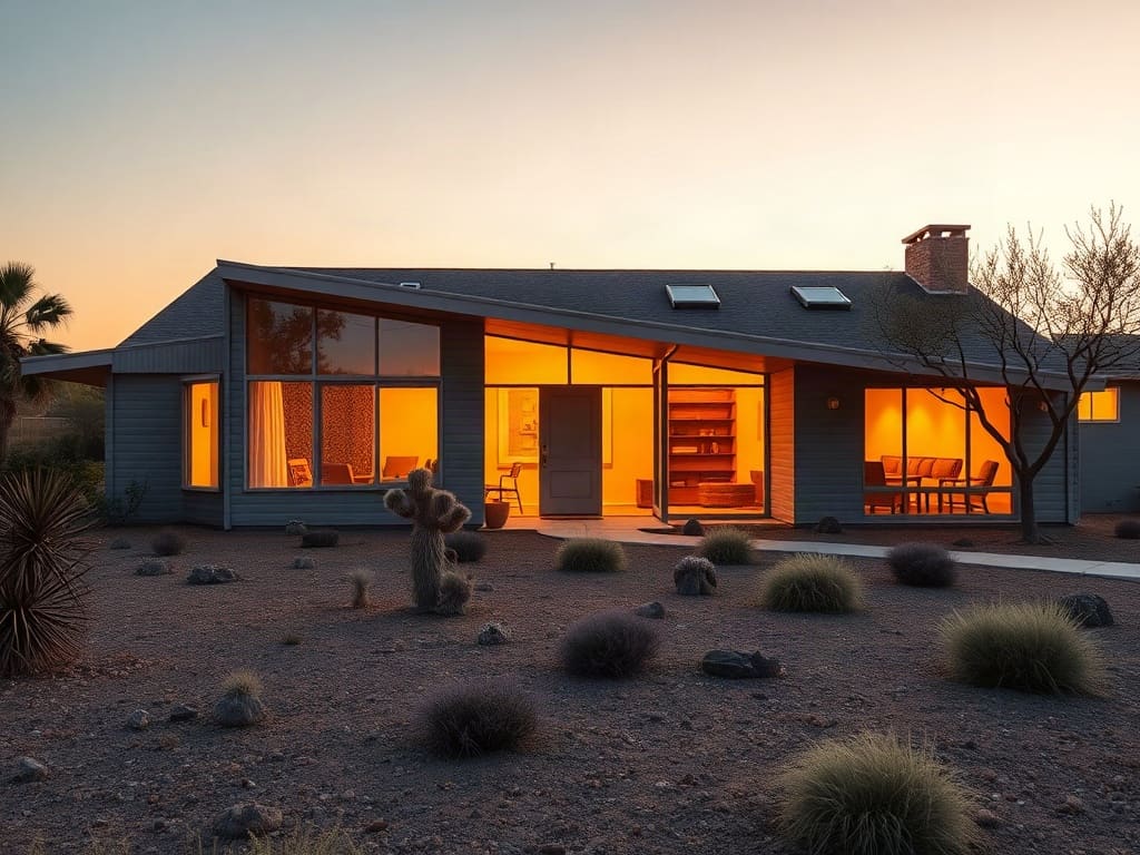 A mid-century ranch home with a low-pitched roof and large windows